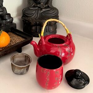 Happy Sales ceramic Japanese Teapot 27 fl.oz & 1 Teacup 7fl.oz. Red Calligraphy